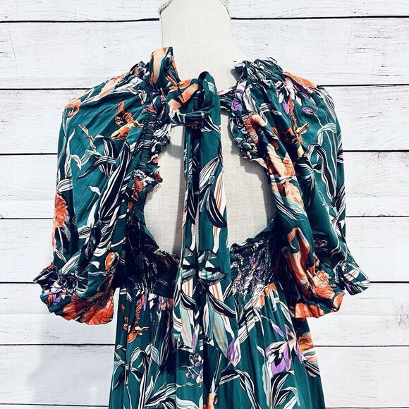 Anthropologie Puff Sleeve Smocked Floral Midi Dress Size Small Tropical - Picture 5 of 11